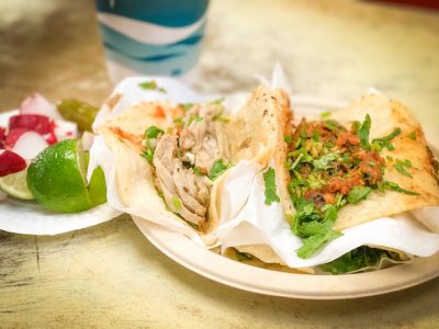 The taco de buche [left] and the taco de tripas [right] from El Taco Loco #3 in Long Beach. Photo by Brian Addison.