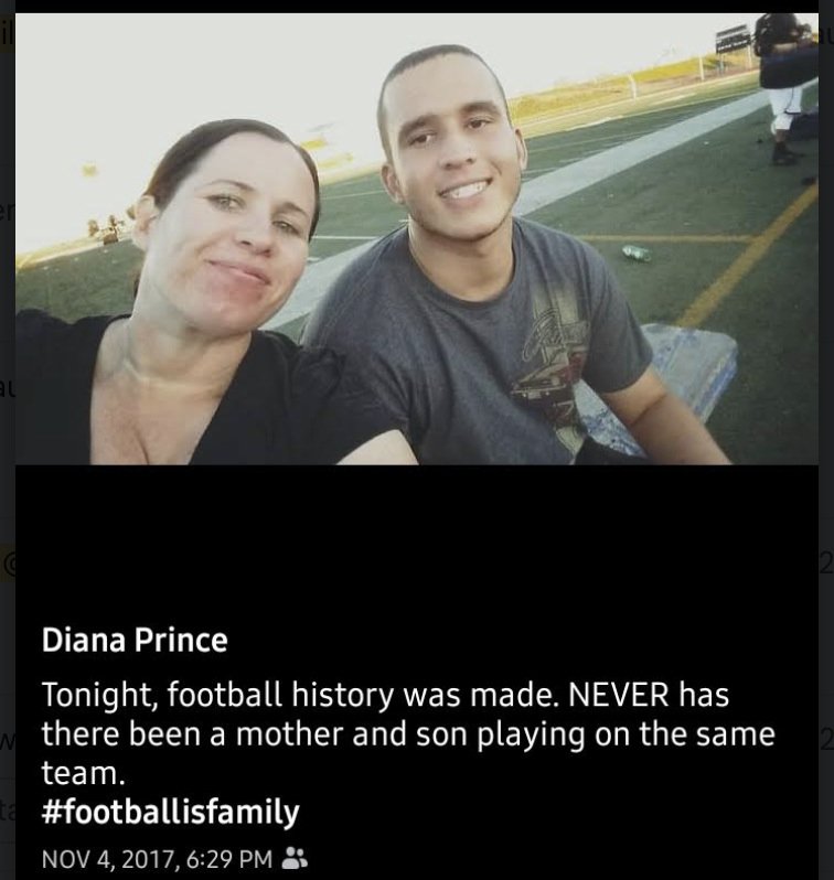 A social media post featuring a mom and her son on a football field together. 