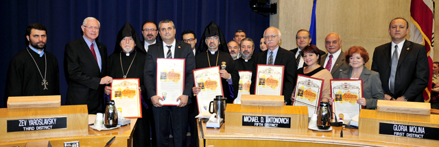 Archpriest Father Vicken Vassilian, Supervisor Antonovich, Consulate Grigor Hovhannissian, Archpriest Father Nareg Pehlivanian, Reverend Father Ghevont Kirazian, Robert Barsam, Archbishop Vatche Hovsepian, Father Avedis Abovian, Lily Balian, His Grace Archbishop Moushegh Mardirossian, Peter Darakjian, Mike Khatchadorian, Christine Aghakhani, Chris Chahinian, Ani Adaimy, and Zaven Kazazian. Photo courtesy of the County of Los Angeles.