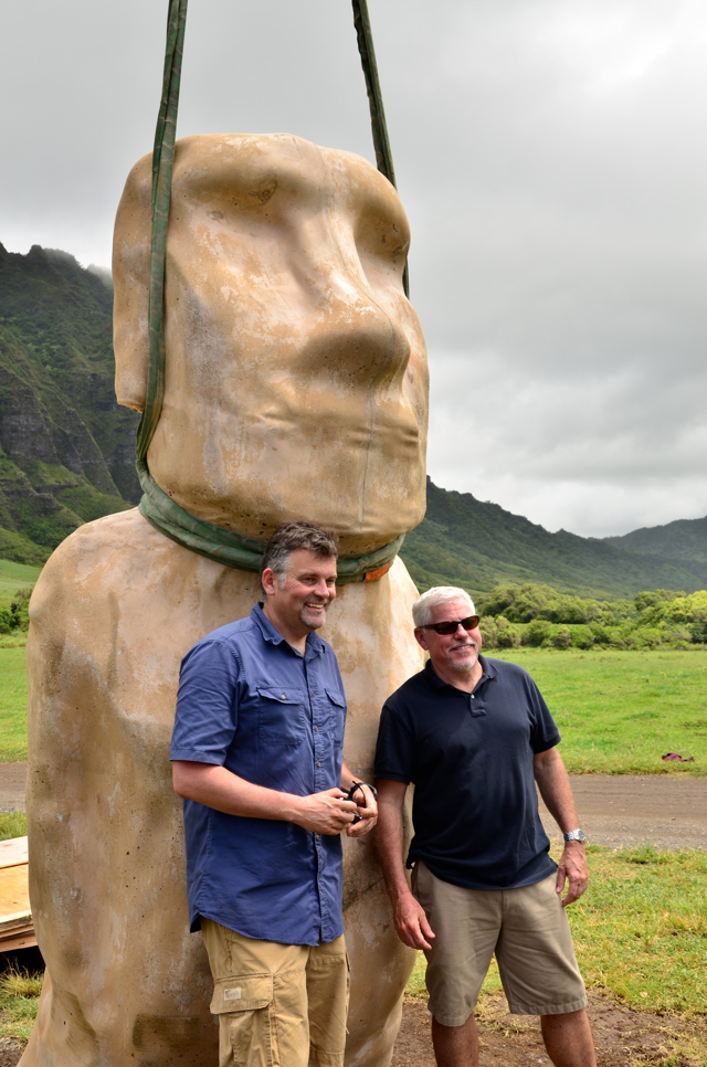 CSULB Professor Carl Lipo (at left) and University of Hawaii Professor Terry Hunt pose with the fabricated moai statue that was produced for the upcoming NOVA TV documentary about Easter Island.