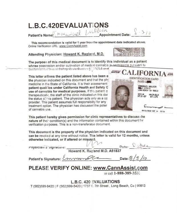 Copy of Emmanuel Walkers doctors recommendation for medical marijuana on file at one of the collectives to which he belonged