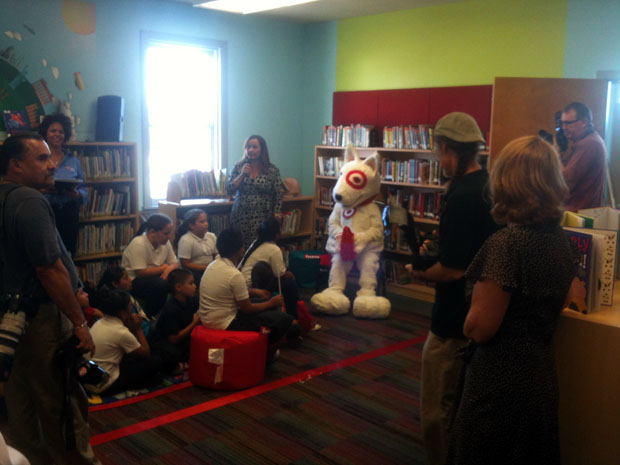 Burnett Elementary School Principal Lucy Salazar addresses guests at the grand opening of the schools new library