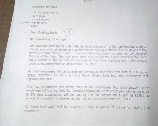 The memo sent to all employees of the Best Western Golden Sails Hotel