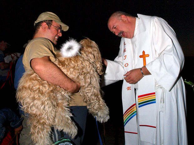 RAther llarge dog and a priest