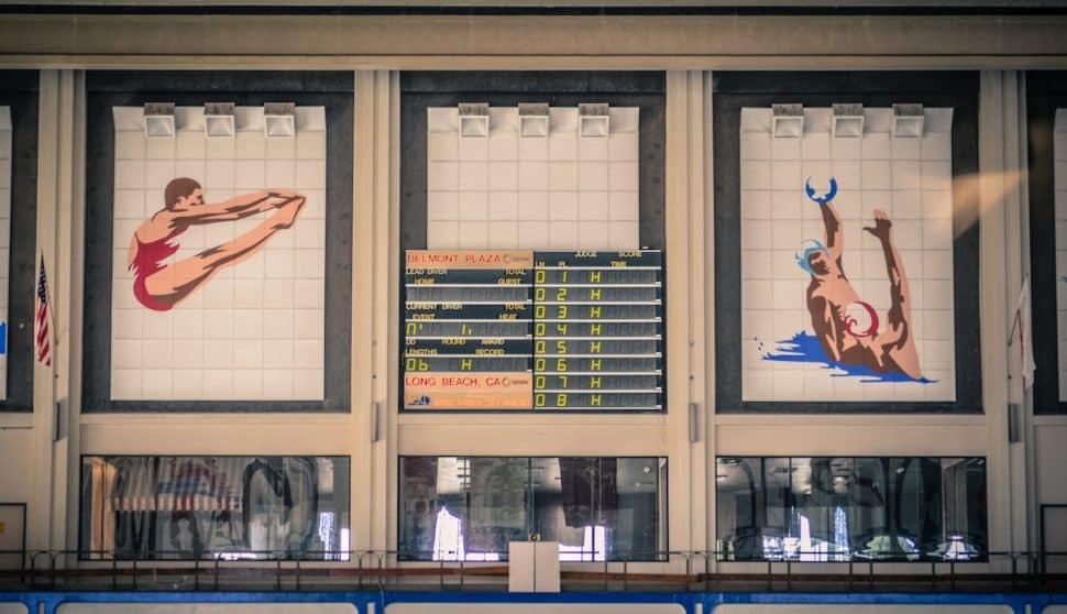 The interior scoreboard of the former Belmont Plaza Olympic Pool. Photo by Brian Addison.