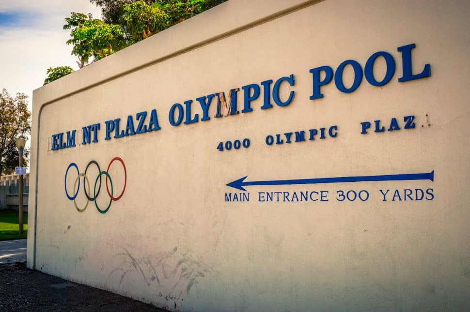 Now demolished, this was the welcome sign for the Belmont Plaza Olympic Pool. Photo by Brian Addison.