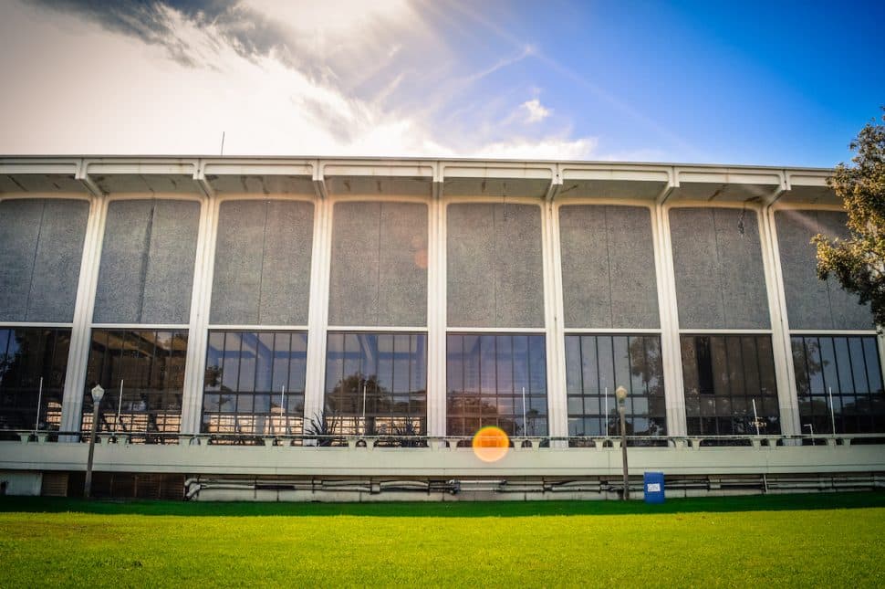 The north-facing side of the now demolished Belmont Plaza Olympic Pool. Photo by Brian Addison.