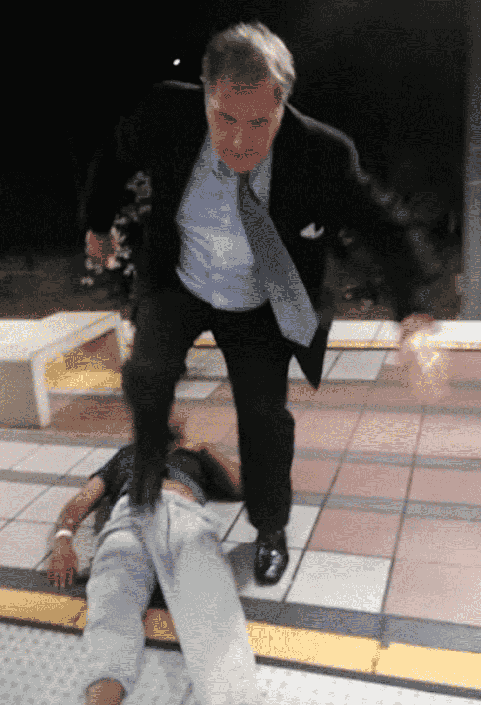 A screenshot from a video from Aug. 1, 2018, that showed a man dragging another passenger off the Blue Line in Long Beach. Prosecutors have decided not to press charges against the man.