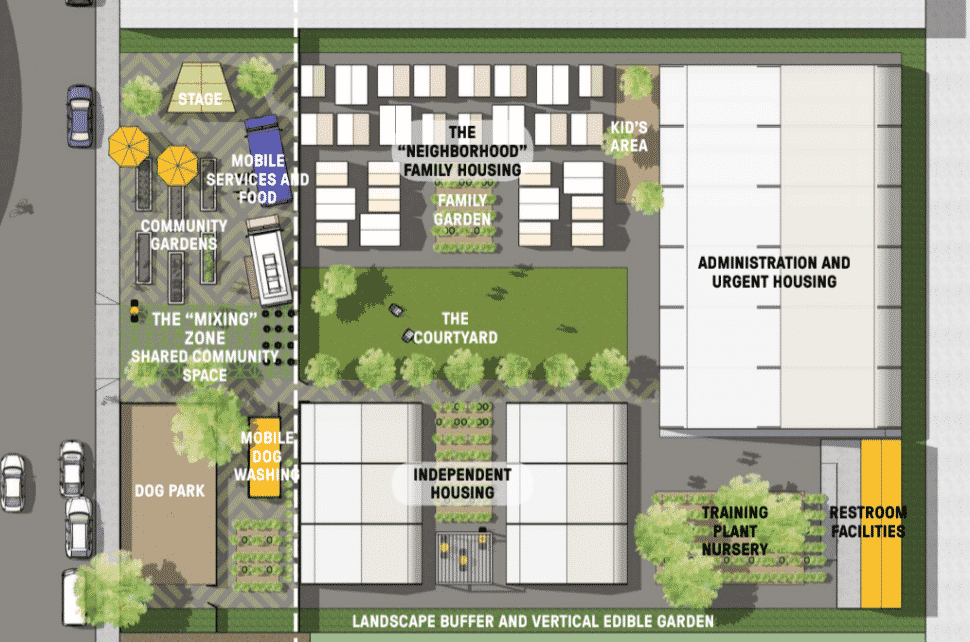 The topography and configuration of Studio One Eleven's homeless shelter proposal. Courtesy of Studio One Eleven.