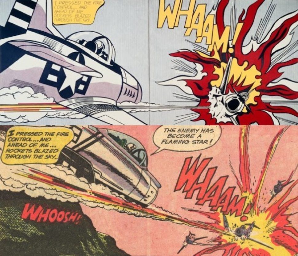 Roy Lichtenstein's _Whaam!_ (top) and Russ Heath's work from _All-American Men of War #89_.