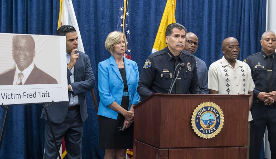 LPBD Chief Robert Luna speaks as the Long Beach Police Department held a news conference to request the public’s help and announce the anticipation of a reward being issued in his killing at Pan American Park in Long Beach, Sept. 4, 2018. Photo by Thomas R Cordova.