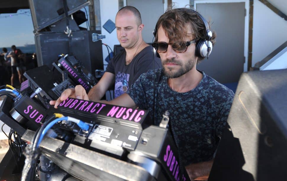 Disc Jockey Anton Tumas (L), and Dave DK (R), perform during "Subtract On The Pier 029" at Belmont Veterans Memorial Pier in Long Beach, Ca., September 23, 2018. (John Valenzuela/ Correspondent)