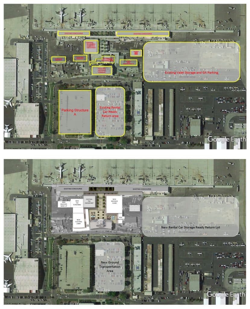Top: Existing topographical layout of Long Beach Airport. Bottom: Upgrades to the topography of Long Beach Airport that are set to go into motion by next year. Courtesy of the Long Beach Airport.