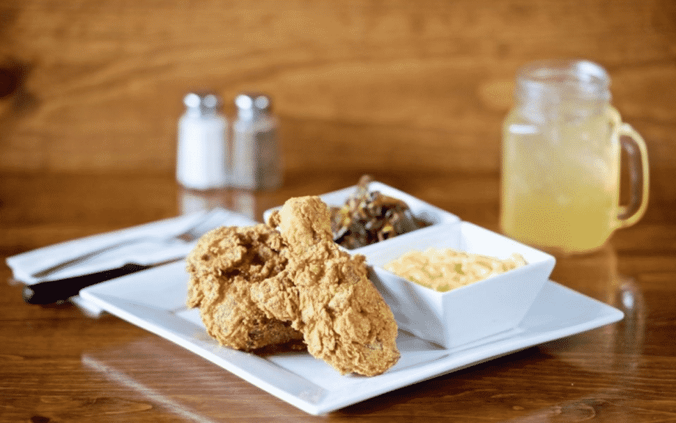 Georgia's fried chicken meal with mac'n'cheese and collard greens.