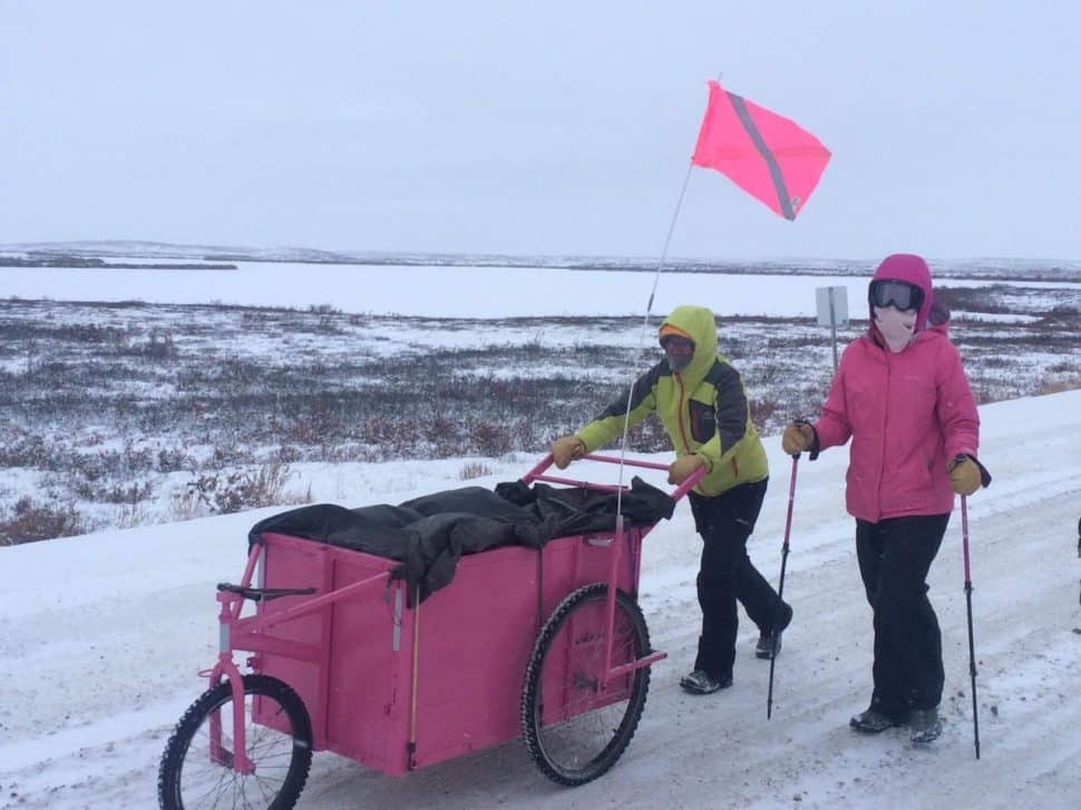 Clarissa Black (right) and Leigh Swansborough (left) hike along the Klondike Highway. Courtesy of Black.
