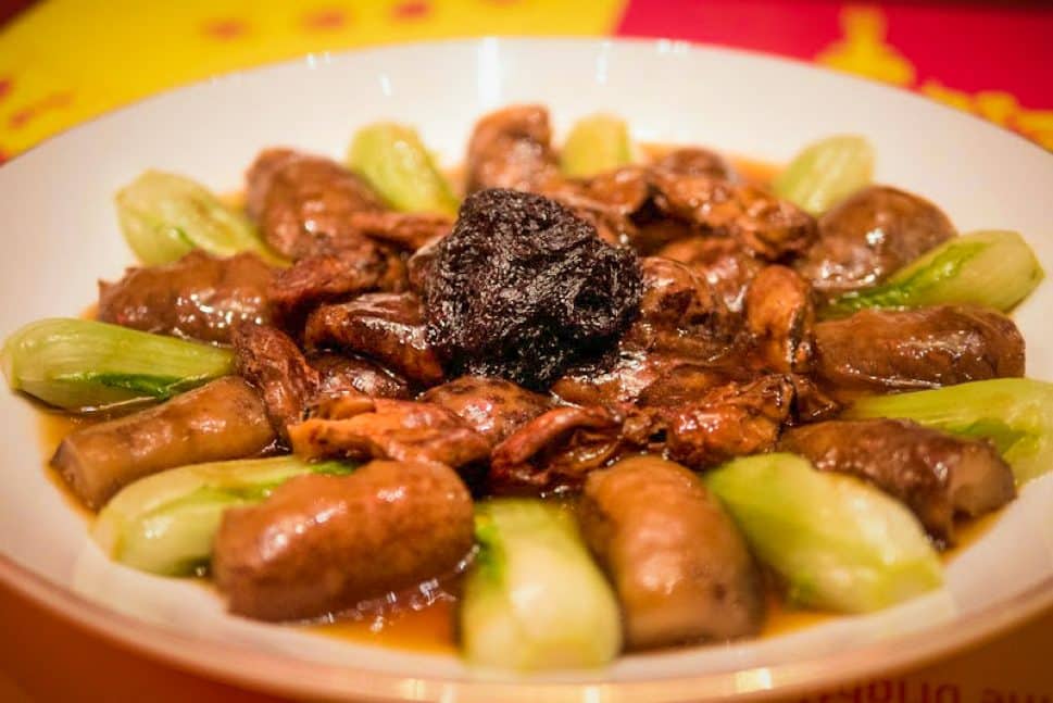 The abalone and sea cucumber salad with bok choy served at a Cambodian wedding.
