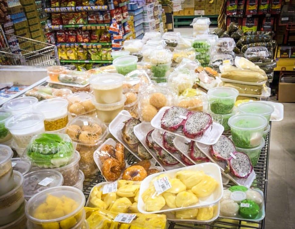 The glorious tower of desserts and sweets at Dong Mai Market in Long Beach. Photo by Brian Addison.