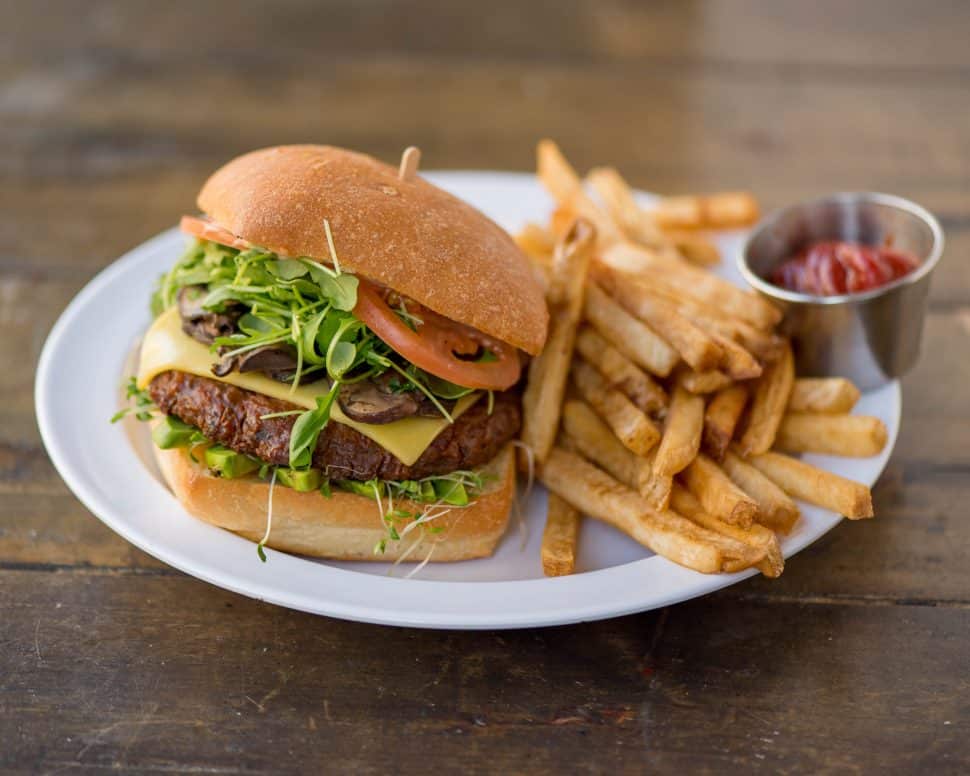 Ahimsa's popular vegan burger with fries. Courtesy of Ahimsa.